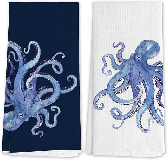 Navy Blue Octopus Coastal Beach Kitchen Towels, Octopus Lover Gifts Decorative Hand Towels for Bathroom, Nautical Ocean Animal Dish Tea Towel for Kitchen Decor, 16x24 Inch Set of 2