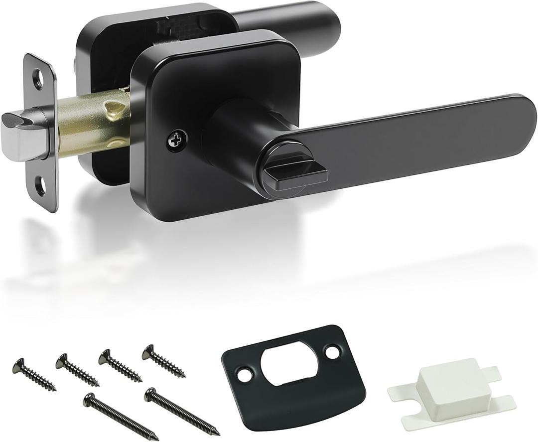 Black Interior Privacy Door Levers, Privacy Door Handle Set Moden Square Base Door Lock for Bedroom Bath, Reversible Keyless Turn Lock Round Corner Door Handles fit Left or Right Sided Door (1 Pack)