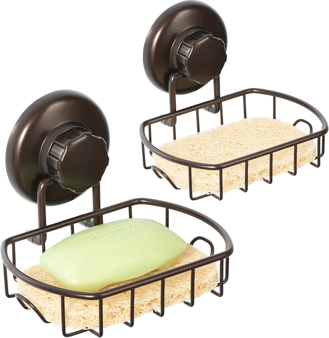 HASKO 2 Pack Suction Cup Soap Dish for Shower Wall, Rustproof Stainless Steel, Shower Soap Holder with Hooks, Includes Optional No Drill Adhesive Mount for Bathroom, 2 Soap Savers, Bronze