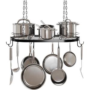 24.4 Metal Pot Rack Hanging, Oval Pan Rack Hanging with Hooks, Heavy Duty Ceiling Pot Rack with Grid, Pot and Pan Hangers for Kitchen Cookware Utensils Toiletries, Easy Assembly, Black