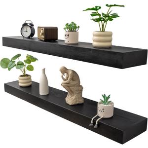Floating Shelves 3 inch Thick for Wall Set of 2,Solid Pine Wood Wall Mount Shelf for Kitchen Living Room Bedroom Bathroom,8" D x 48" L x 3" H-Black