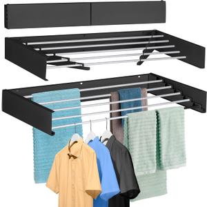 FOCHIER F Laundry Drying Rack Wall Mounted Clothes Drying Rack Collapsible with 5 Aluminum Rods and Drilling Template Long Screwdriver Bit 60 lbs Capacity (Black, 40")