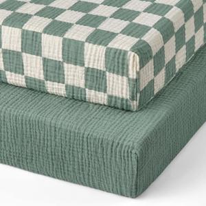 Blissful Diary Muslin Mini Crib Sheets, Pack and Play Mattress Sheets Fitted for Pack N Play, Soft Cotton for Boys Girls, 2 Pack(Sage Checkboard & Sage Green)