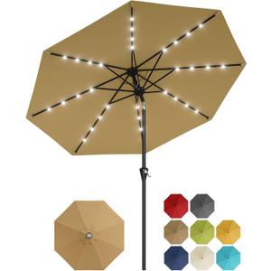 Garvee 9FT Solar Patio Umbrella with 32 LED Lights - Outdoor Table Umbrella with Crank Lift, Push Button Tilt and 8 Sturdy Ribs - Market Umbrella UV Protection for Pool, Deck, Yard, Garden -Tan