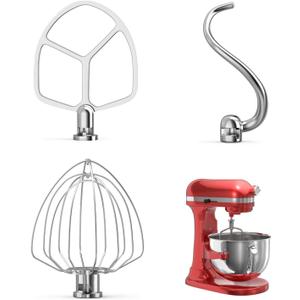 Stainless Steel Kitchen Mixers Accessories Compatible with KitchenAid Mixer and 6 Qt Bowl. KN256 6-Wire Whip, 6QT Flat Beater, 6QT Dough Hook Attachment Dishwasher safe, 6QT