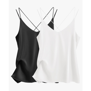 Ekouaer Womens Silk Satin Camisole Tank Tops V Neck Spaghetti Strap Blouses Cross Back Sleeveless Cami Shirt Size M, Black and White