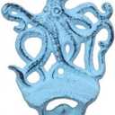 Hampton Nautical Dark Blue Whitewashed Cast Iron Wall Mounted Octopus Bottle Opener