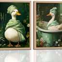 2Pcs wooden Framed Spa Duck Wall Art Canvas Prints, Cute Duck Bathroom Dcor with Bathtub & Towel, Vintage Green Aesthetic Picture for Bathroom, Laundry Room, Bedroom Home Wall 12x16in