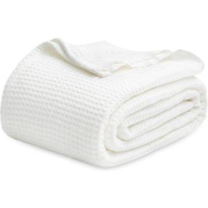 Bedsure 100% Cotton Blanket King Size for Bed - Breathable and Soft, Waffle Weave Blanket for Summer Spring, White, 104x90 inches