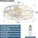 24" Caged Low Profile Ceiling Fan with Light, 6 Speeds, Farmhouse Flush Mount Ceilings Fans with Lights and Remote, White Brush Gold Ceiling Fixture for Bedroom Kitchen