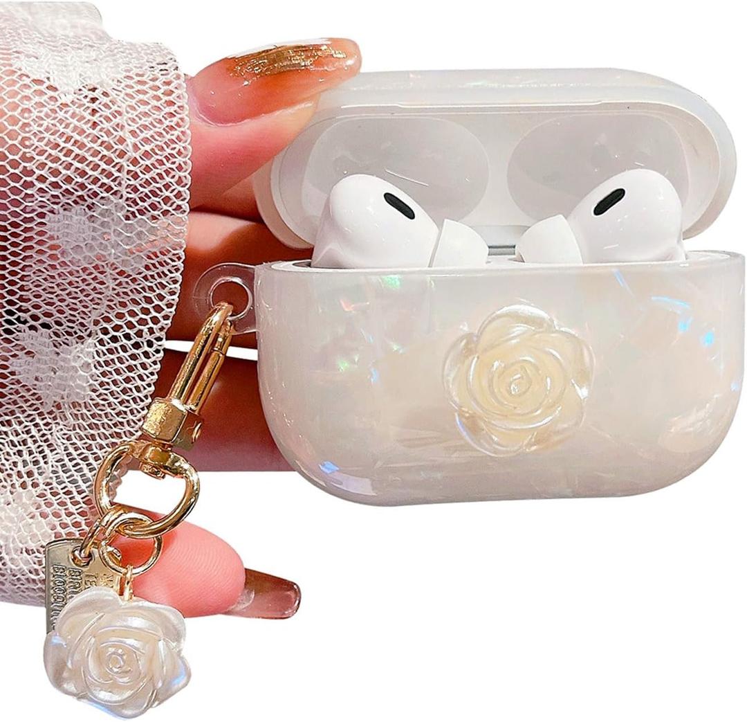 Cute Airpod Pro 2 Case Elegant Flower Luxury Glitter Marble Pearl Protective Cover with Keychain Compatible with AirPods Pro 2nd Generation Case for Girls Women (Rose White)