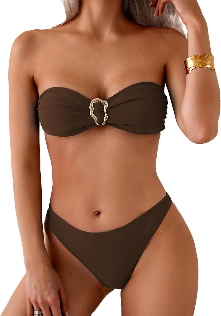Fanuerg Women's Strapless Bandeau Bikini Sets Ring Tie Back Two Piece Swimsuit High Cut Cheeky Bathing Suits (Large, Brown)