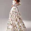 NeeMee Floral Dress Half Sleeve Drawstring Puffy A-Line French Beach Wedding Graduation Party Gown (Pink, L)