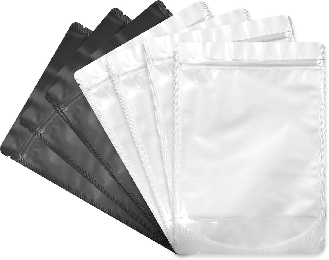 Black 7" x 10" Stand Up Pouch Bags, 100 Pack Clear Front & Aluminum Foil Back, Resealable and Heat Sealable Storage Bags for Food, Snacks, Coffee, Candy, and More