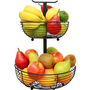 CAXXA 2 Tier Fruit Basket Bowl Kitchen Heavy Duty Wire Organizer, Black