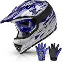 TCMT Dot Youth & Kids Motocross Offroad Street Blue Flame Motorcycle Youth Helmet Dirt Bike Motocross ATV Helmet+Goggles+Gloves S