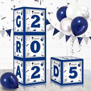 Graduation Decorations Class of 2025, 4 Pcs Blue and Silve Balloon Boxes, High School and College Graduation Party Decorations Supplies