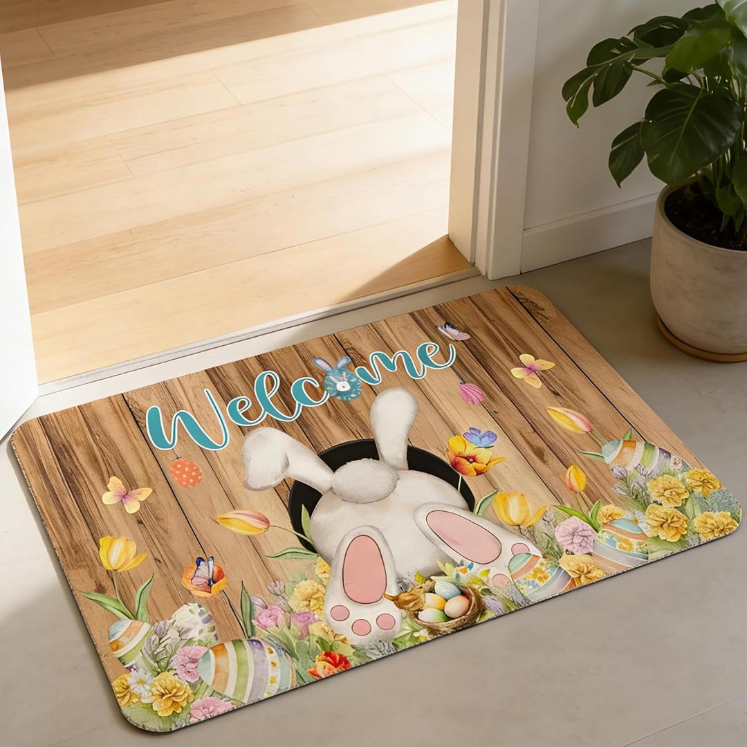 Easter Decorations, Easter Door Mat, Easter Rug, Bunny Rug, Welcome Doormat for Indoor Outdoor, Non-Slip Washable Door Mat for Spring Easter Holiday Decoration (Easter Egg Hunt)