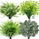 12 Bundles 4 Styles Artificial Plants Outdoor Summer Decor, UV Resistant No Fade Artificial Flowers Faux Plants Fern Lavender Eucalyptus Plastic Greenery Shrubs for Outside Porch Garden Home Cemetery