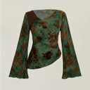 WDIRARA Women's Plus Size Floral Long Bell Sleeve Tee Shirts Asymmetrical Vintage Tops (XL)