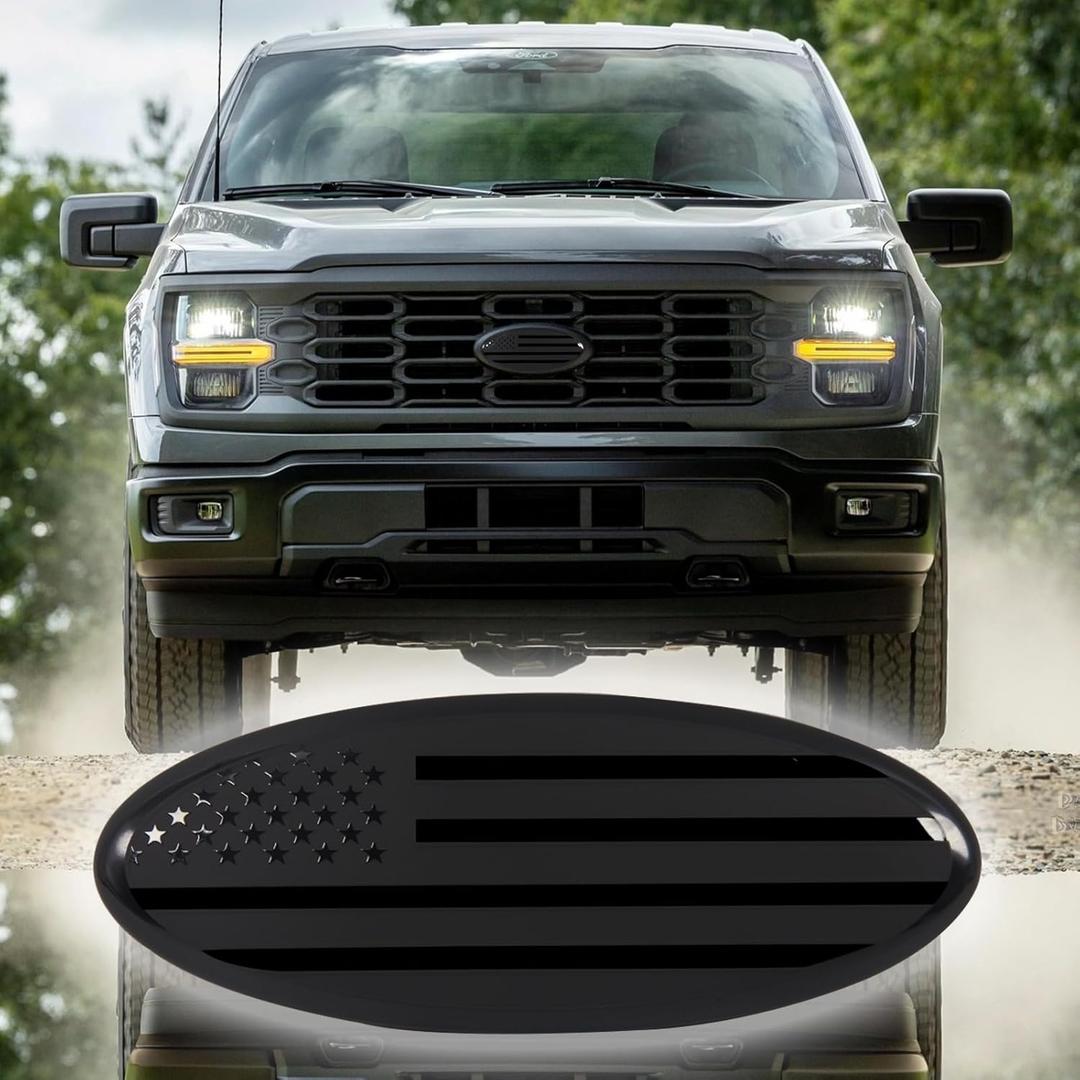 9 Inch Metal Replacement Ford Emblem - American Flag Front Grille F150 Tailgate Oval 9"X3.5" - Fits 04-14 F250 F350, 11-14 Edge, 11-16 Explorer, 06-11 Ranger - Black