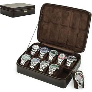 CONTACTS 10 Watch Case Leather Travel Watch Box, Crazy Horse Leather Zipper Watch Roll Organizer for Men Watch Display Protector Pouch Watch Collector