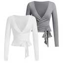 SweatyRocks Women's Pilates Outfits Wrap Tops Ballet Yoga Coquette Shirt Cute Long Sleeve Workout Activewear White Medium