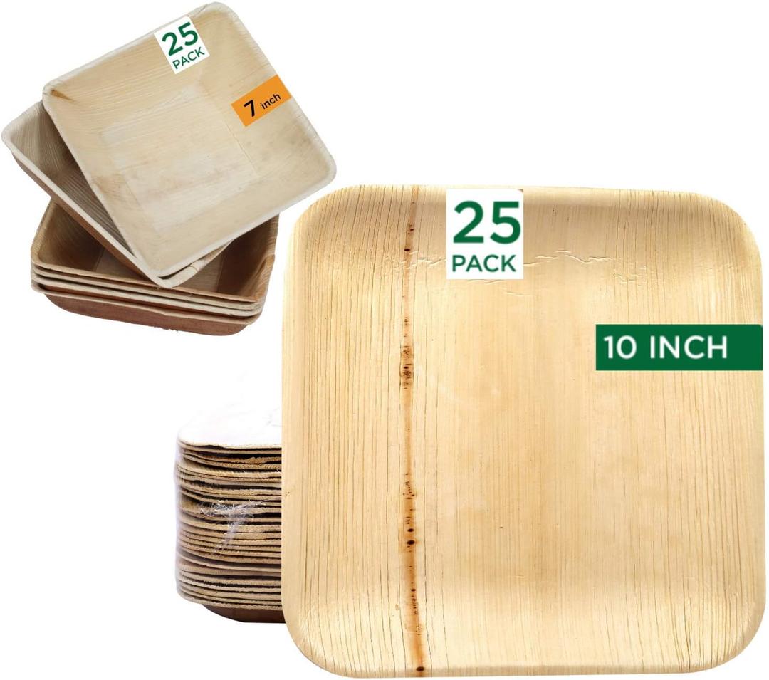 Raj Palm Leaf Plates [50-Pack] 25 x 10" Plates & 25 x 7" Bowls like Bamboo plates Disposable, Decorative Compostable Tableware for wedding, Lunch, Dinner, Birthday, Camping, Outdoor BBQ, Picnic
