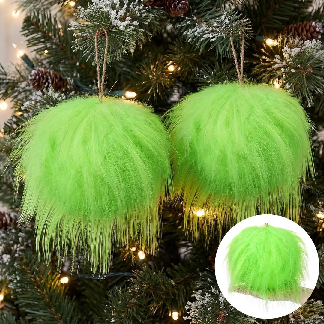 4 Pcs 6 Inches Lime Green Furry Christmas Ball Ornaments Large Green Xmas Ball Faux Fur Hanging Xmas Ornament for Indoor Christmas Tree Anniversary Wedding Party Holiday
