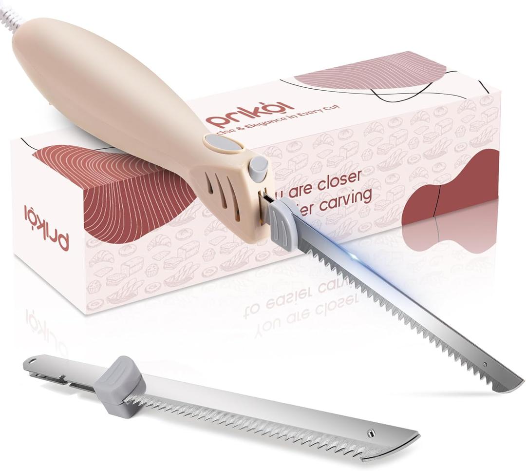 Electric Knife - Easy-Slice Serrated Edge Blades Carving Set for Meat, Bread, Fillet, DIY, Ergonomic Handle + 2 Blades Cream(Simple Lightweight)