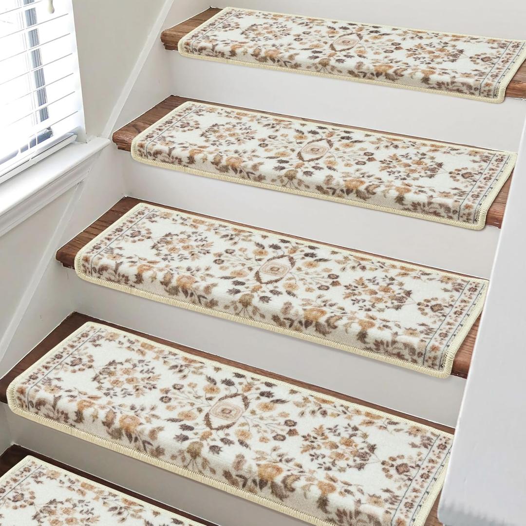 RORA Bullnose Stair Treads for Wooden Steps, Non Slip Stair Carpet 14pcs | Washable, Self-Adhesive, Floral Stair Rug Runner with Edge Protection for Indoor, Pets & Elder, 29.5 x 9.5x 1.7, Brown