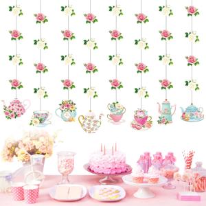 Faccito Floral Tea Party Decorations Double Sided Tea Party Hanging Garland Decor for Baby Shower Gender Reveal Bridal Wedding Favors Girls Women 32", 8 Pack