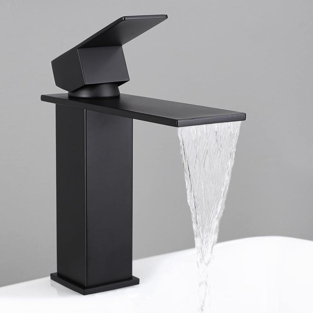 KES Bathroom Sink Faucet Single Hole, Black Bathroom Faucet Waterfall Faucet with Supply Lines for Bathroom Sink, SUS304 Stainless Steel, L3158ALF-BK