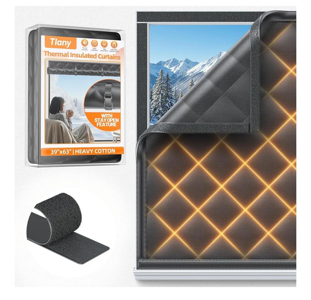 Window Insulation Kit for Winter 39"x63" Cold Weather Thermal Curtain with Heavy Cotton, Insulated Window Cover for Winter & Windows Draft Blocker for Winterizing Windows in Home RV Basement–Black