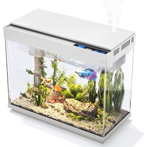 Vehipa Fish Tank 2.4 Gallon Aquarium Kit with Humidifier 7-Color Auto-Looping 3 in 1 Quiet Pump with Filteration & Oxygenation & Circulation, Temperature Display, HD Glass (White)