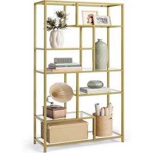 VASAGLE Bookshelf, 6-Tier Tall Bookcase, Display Shelf, Plant Stand, 11.8 x 31.5 x 70.9 Inches, Tempered Glass, for Study, Office, Living Room, Bedroom, Kitchen, Metallic Gold ULGT502A01