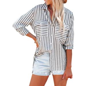 OMSJ Women's Striped Button Down Shirts Casual Long Sleeve Stylish V Neck Blouses Tops with Pockets (Large, Black)