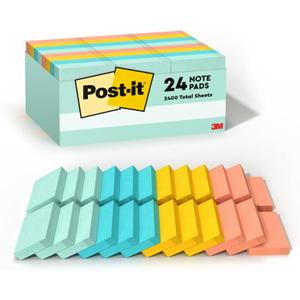 Post-it Notes, 1 3/8 in x 1 7/8 in, 24 Sticky Note Pads, 100 Sheets per Pad, Beachside Caf Collection, New Year Organization or Second Semester School Supplies