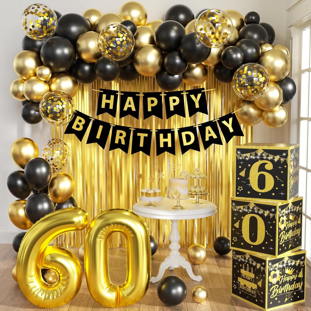 Gold 60th birthday decorations for men,3pcs birthday Decorations for Men boys black and gold Balloon Boxes Birthday Party Favors