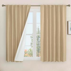 LAMIT Natural Linen 100% Blackout Window Curtains for Bedroom, 45 Inches Linen Textured Thermal Farmhouse Curtains Back Tab and Rod Pocket Burlap Panels with White Liner, 2 Panels, 52 x 45 Inch