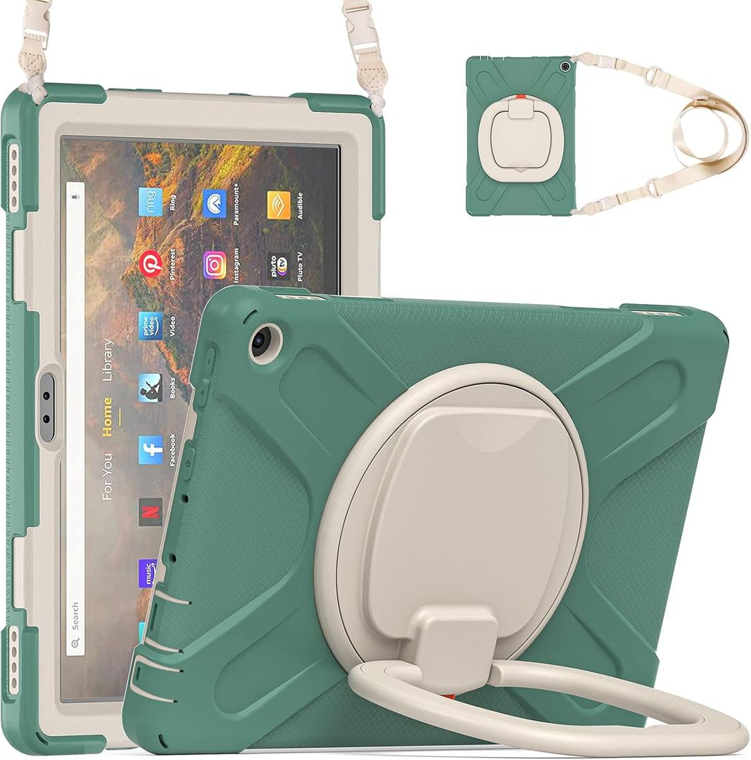 All-New Fire HD 10 & Fire HD 10 Plus Tablet case for Kids(2021 Release,11th Generation),Heavy Sturdy Shockproof Kids Case,Rotating Stand/Carrying Strap, Dark Green