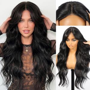 KOME Black Synthetic Lace Front Wig, Beginner Friendly Wigs T Part Glueless Long Curly Wavy Wigs With Bangs for Women Cosplay Daily Use 28IN(#1B)