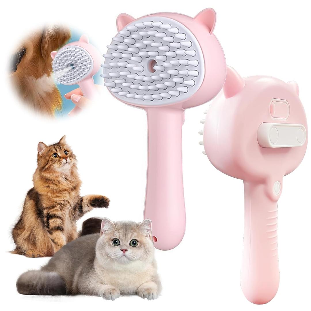 4-in-1 Pet Steam Brush With Handle for Longhair & Shorthair Cats & Dogs - Rubber Spray Brush With Release Button, Dog Comb and Cleaner (Pink)