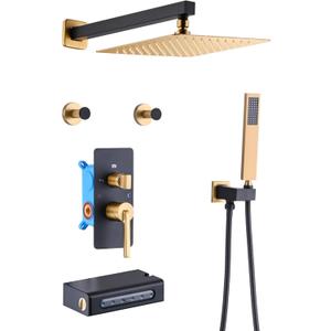 Shower Faucet Set Black and Brushed Gold Shower System Wall Mounted 4 Functional Shower Complete Combo Set with Shower Head, Handheld Shower Head, Waterfall Tub Spout, 2 pcs Shower Hooks
