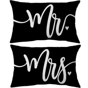 Voatok Mrs. and Mr. Throw Pillow Case Set of 2, 12 x 20 inch Home Decor Black Cushion Cover, Wedding Gift, Funny Couple Gift, Couples' Gift Ideas, Wedding for A Couple