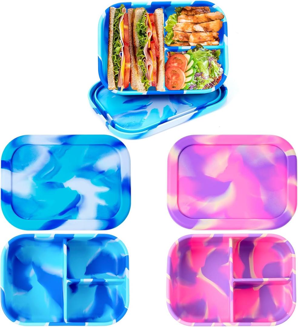 Layhit 2 Pcs Silicone Bento Box Reusable 3 Compartment Silicone Bento Lunch Container for Adults Microwave Dishwasher Freezer Safe (Pad Dyeing Colors)