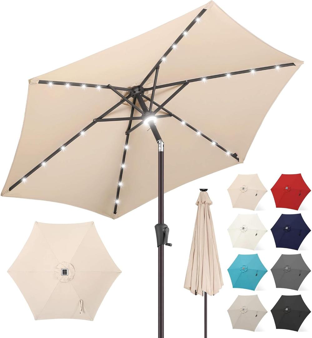 FLAME&SHADE 7.5 FT Solar Light Patio Umbrella, 24 LED Lights Outdoor Umbrella with Centre Surround Light, Table Umbrella Outdoor Patio for Deck, Pool, Backyard, Garden, UV Protection (Beige)