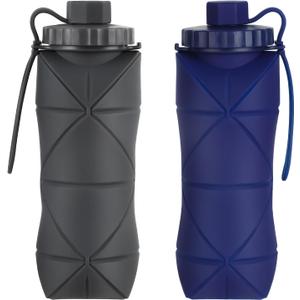 Silicone Collapsible Water Bottles,Lightweight Reusable Leakproof For Traveling Camping Hiking Cycling Sports Outdoor,Foldable Portable Travel Water Bottle 600ML Dark Grey And Dark Blue 2Pack.