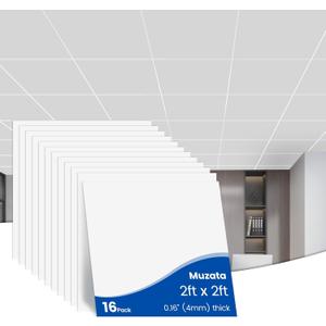 Muzata 16Pack 22 Drop Ceiling Tiles White Smooth Healthy PVC Ceiling Tiles 24x24 About 64sqft Waterproof Easy Drop-in Installation TBP0