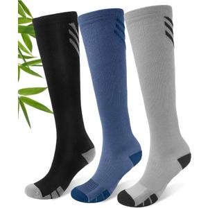 JODUCE Bamboo Viscose Compression Socks for Men & Women 3 Pairs,15-25 mmHg Knee-High Socks Support for Flying Travel Daily (Large-X-Large, Multicolor01)